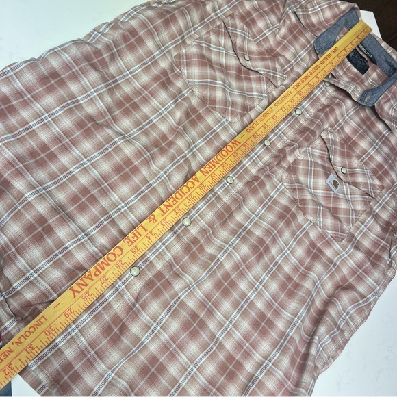 Carhartt Rugged Flex Nutmeg Plaid Relaxed Short Sleeve Snap Western Shirt - Sz L - Picture 14 of 16